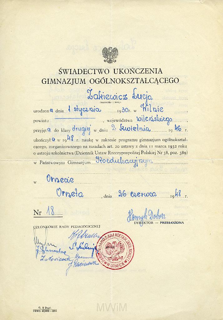 KKE 2233.jpg - Dok3. Świadectwo ukończenia Gimnazjum w Ornecie dla Łucji Żakiewicz, Orneta, 26 VI 1948 r.